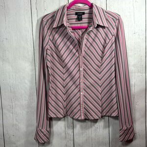 Express Pink Black White Striped Button Down Shirt Stretch Career Y2K Preppy